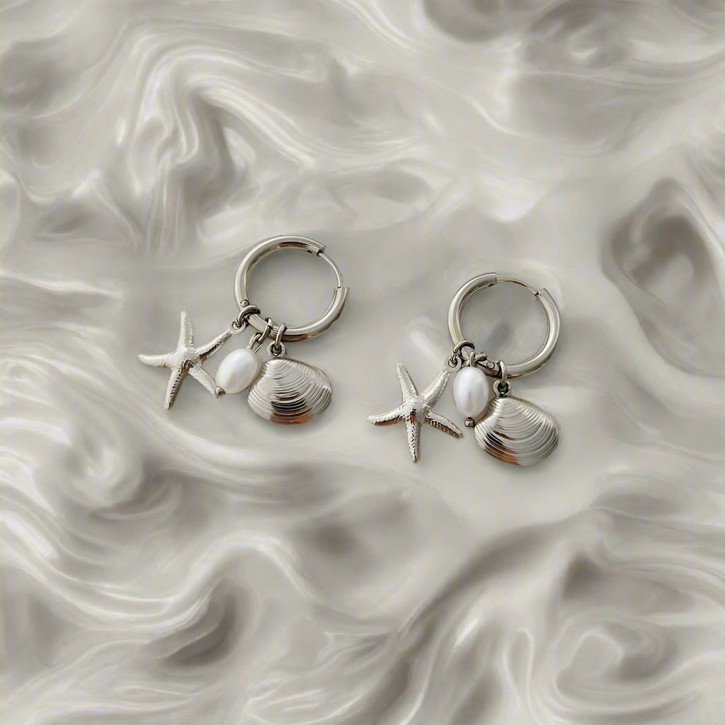 Silver Shell Starfish Hoop Earrings