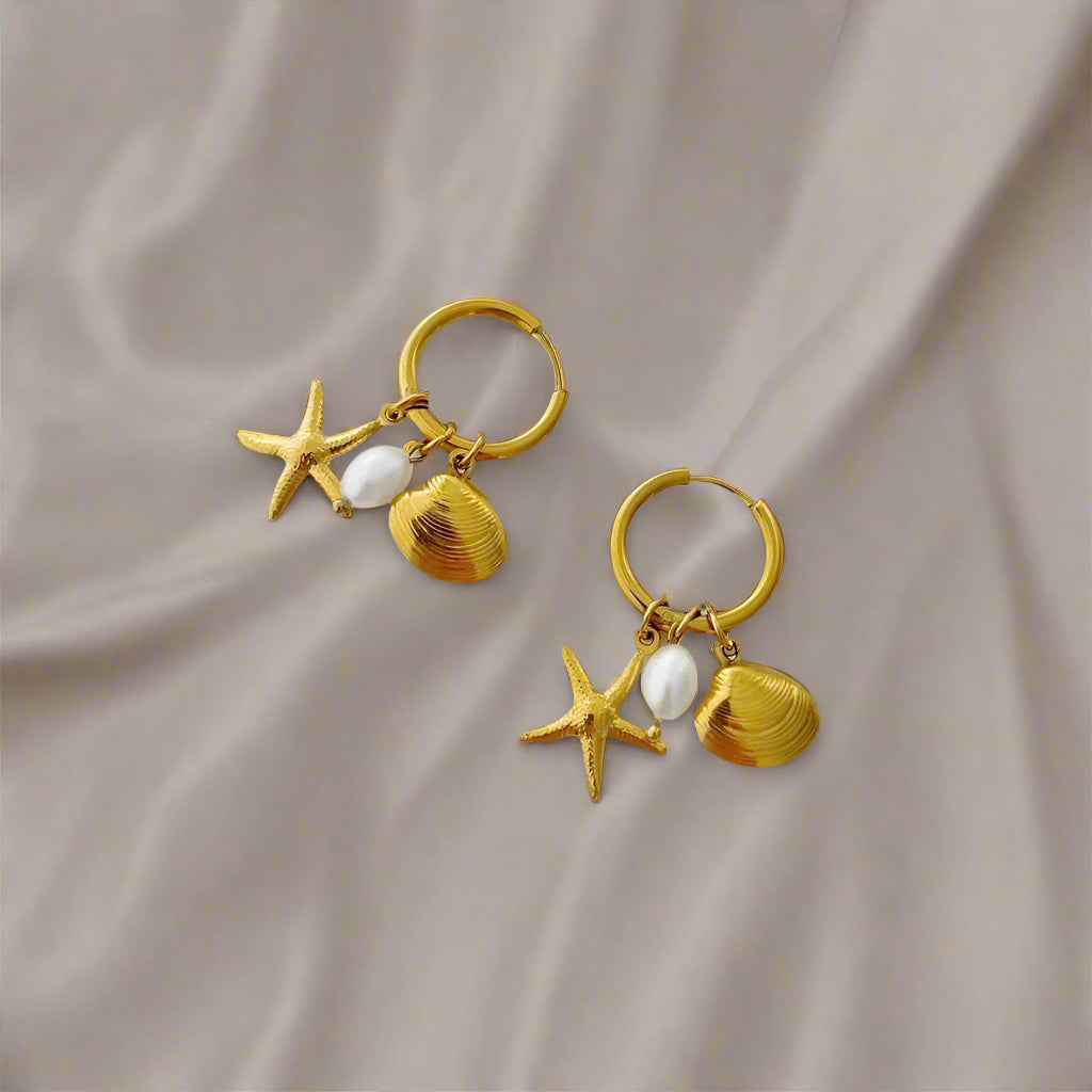 Gold Shell Starfish Hoop Earrings