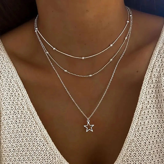 Triple Silver Chain With Star Pendant