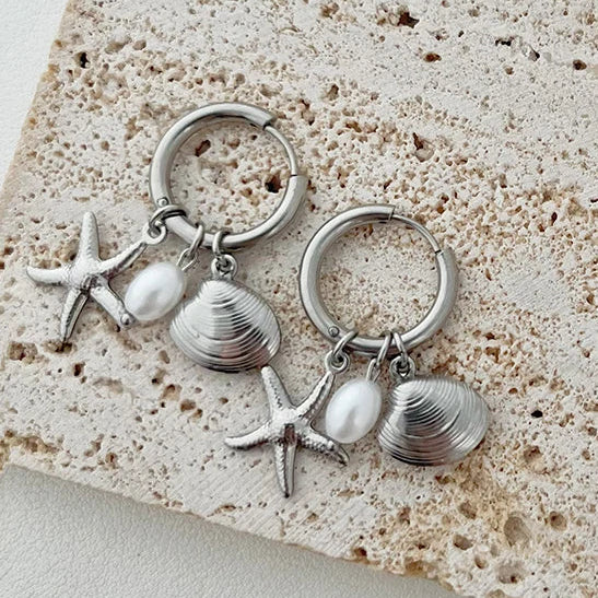 Silver Shell Starfish Hoop Earrings