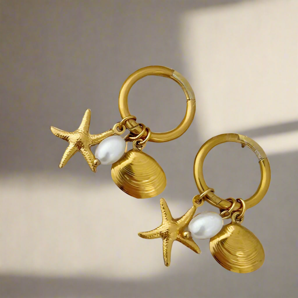 Gold Shell Starfish Hoop Earrings